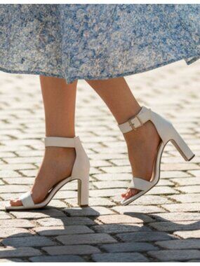 Strappy White Block Heel Sandals With Ankle Strap Buckle Bella Marie Womens Shoe